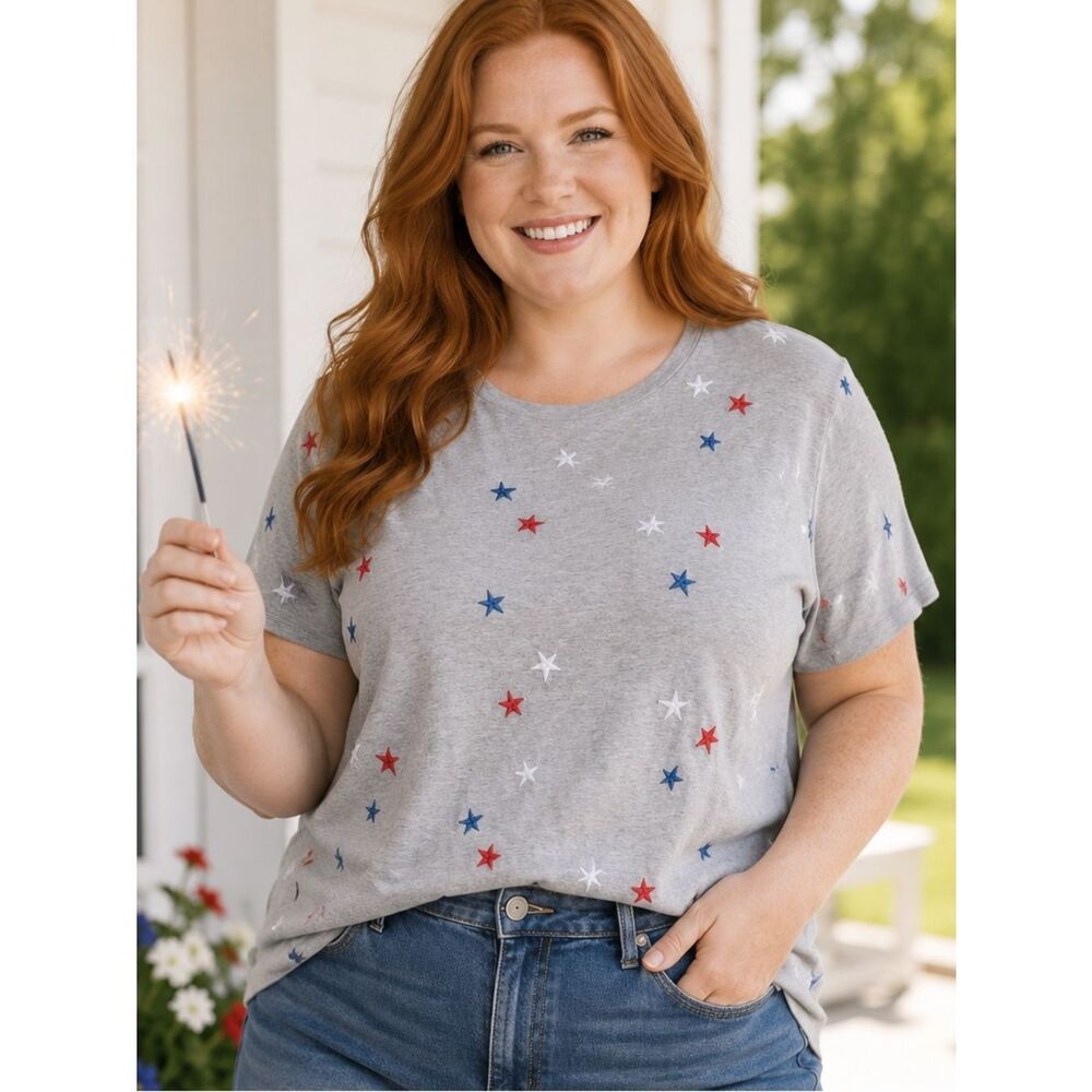 Lucky Brand Gray Embroidered Red White Blue Star Cotton Tee Short Sleeve 2X NWT
